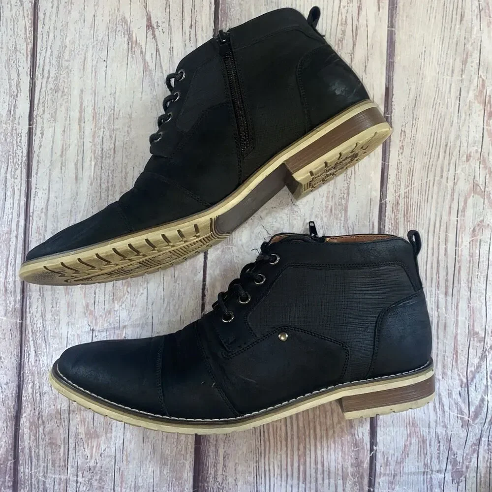 Ferro Aldo Blane Men’s 9.5 Black Cap Toe Lace Up Side Zip Ankle Boots